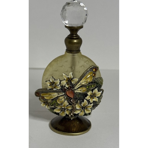 Other - Vintage Dragonfly Perfume Bottle 4" Rhinestone Enamel Crystal Stopper #1621